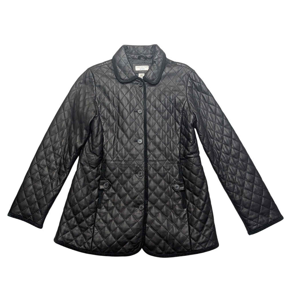 Covington Quilted Leather Jacket Womens Medium Black Diamond Pattern Field Coat